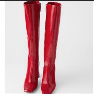 Zara knee high red leather chunky boots